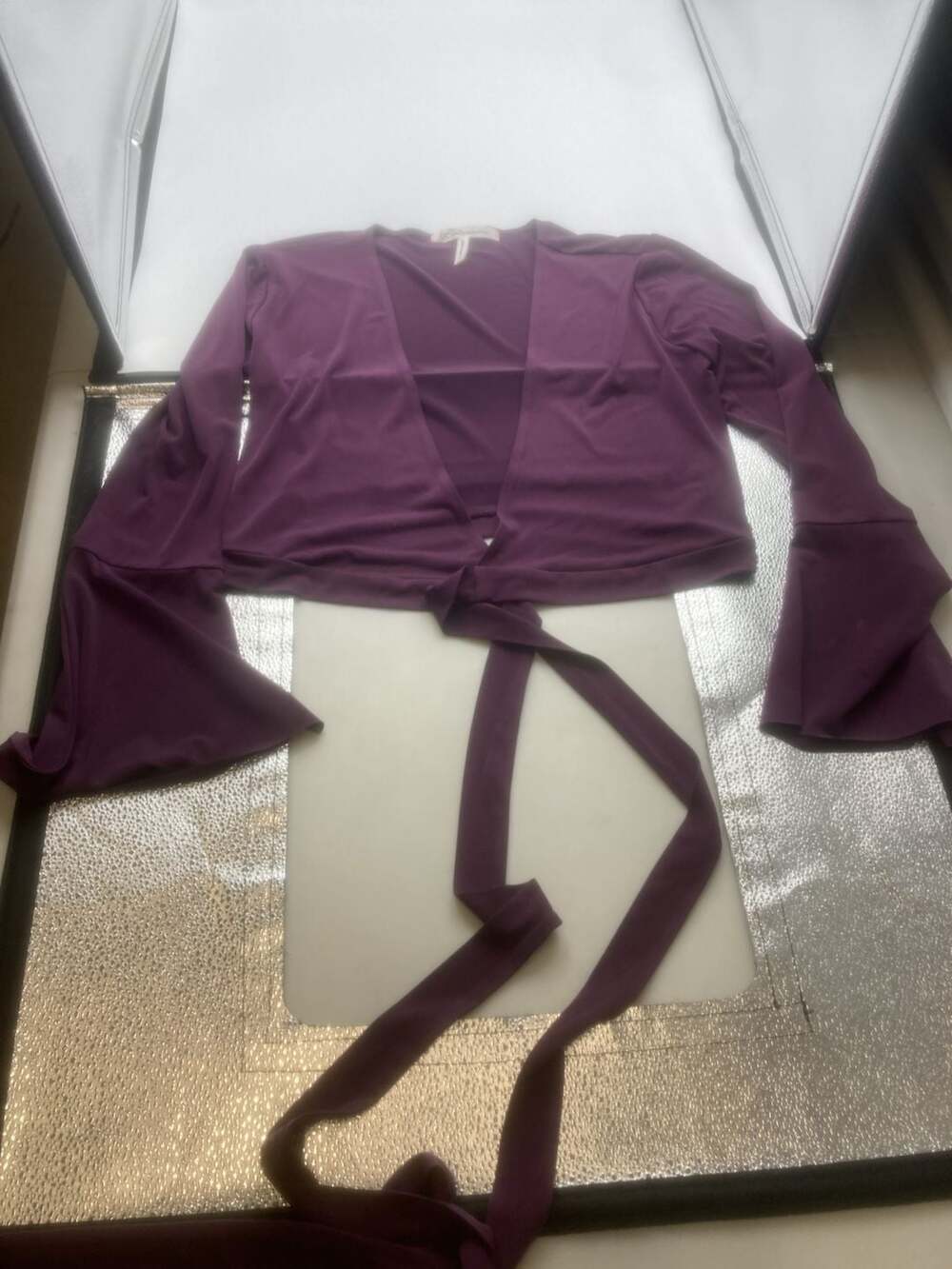 BCBGeneration Purple Long Sleeve Bell Sleeve Wrap Crop Top